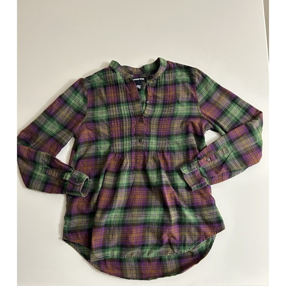 Lands'‎ End Green and Purple Plain Flannel Popover Long Sleeved Top